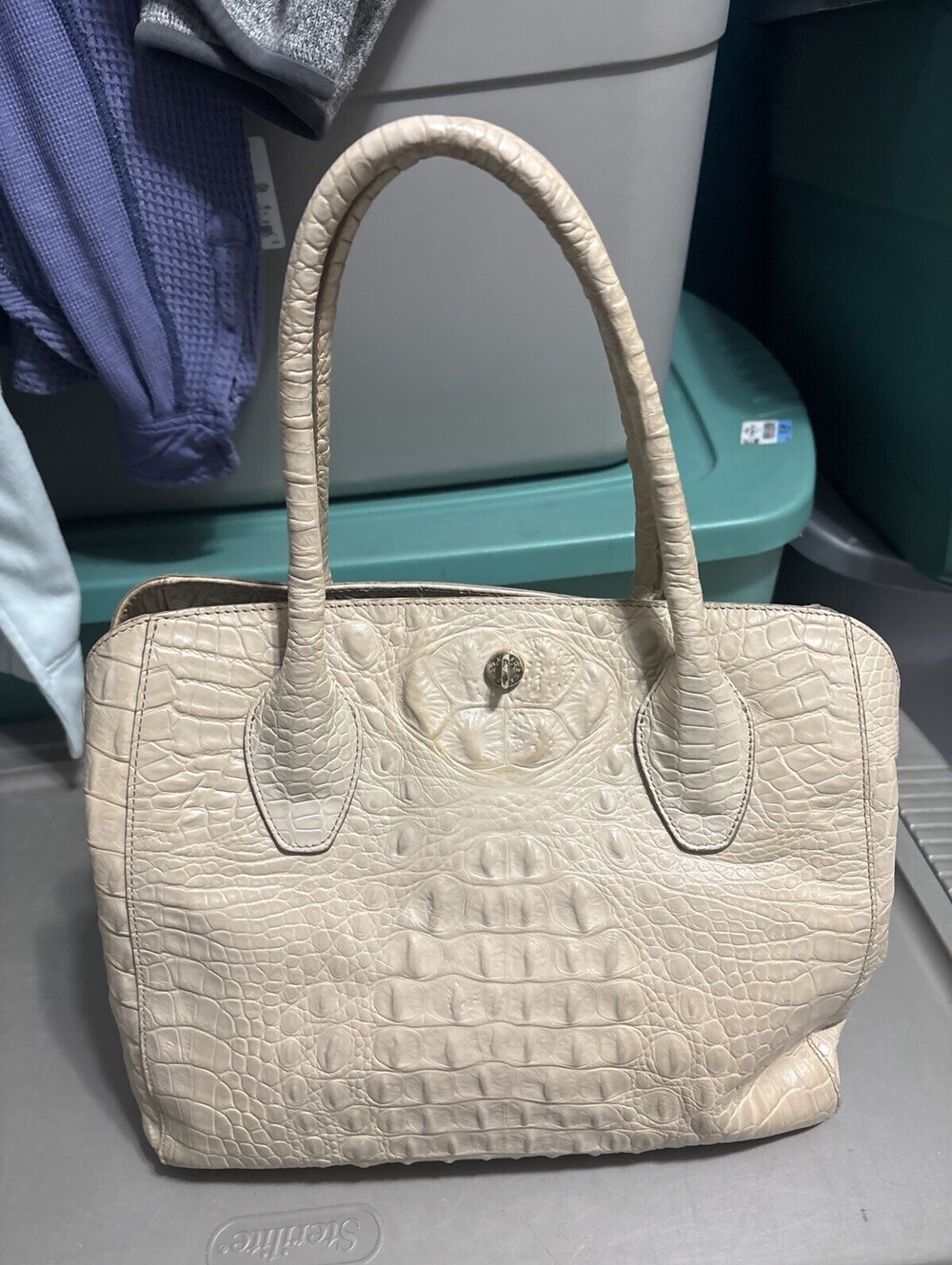 Furla Crocodile Embossed Leather Double Handle Satchel Handbag Purse Tote Beige